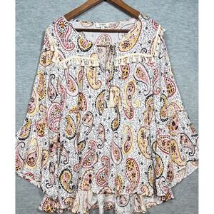 UMGEE Womens Top L Paisley Tassels Tie Neck‎ Bell Sleeve Tiered Boho Tunic